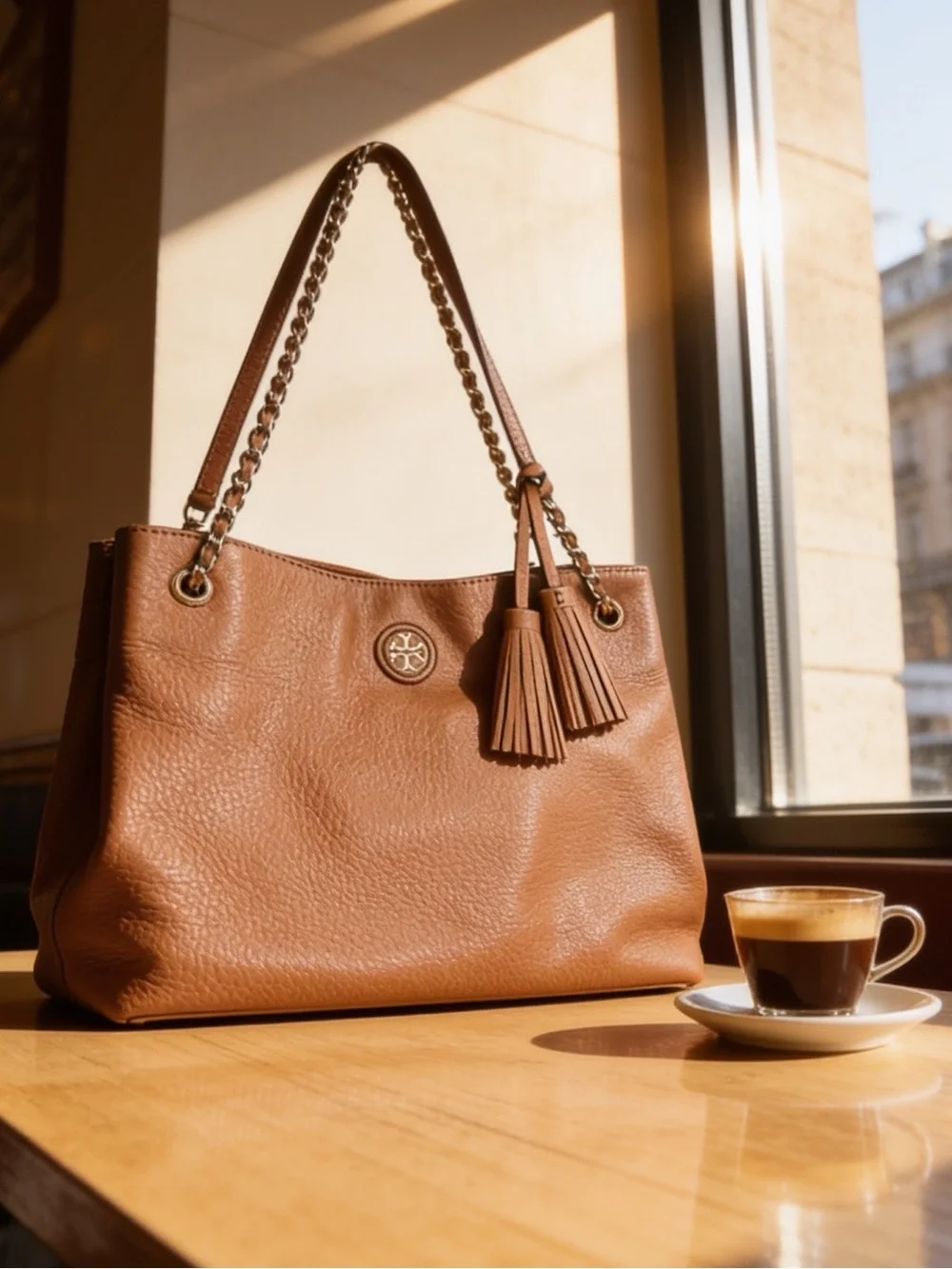 Tory Burch tassel tote,Pebbled Leather,beautiful condition,whip stitch logo,